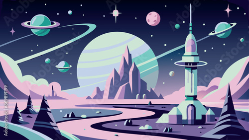 Vector illustration of the colonization of the futuristic planet