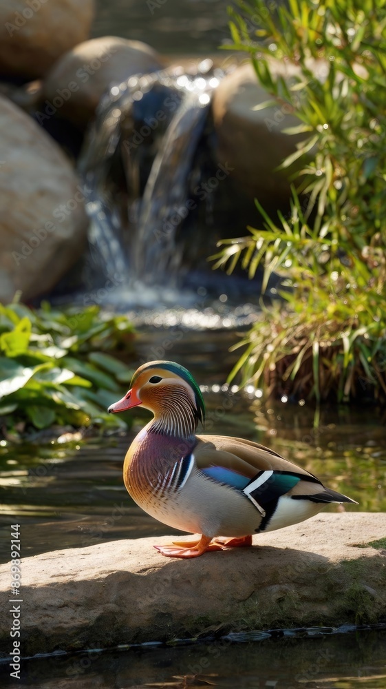 Obraz premium Colorful Mandarin Ducks on a River