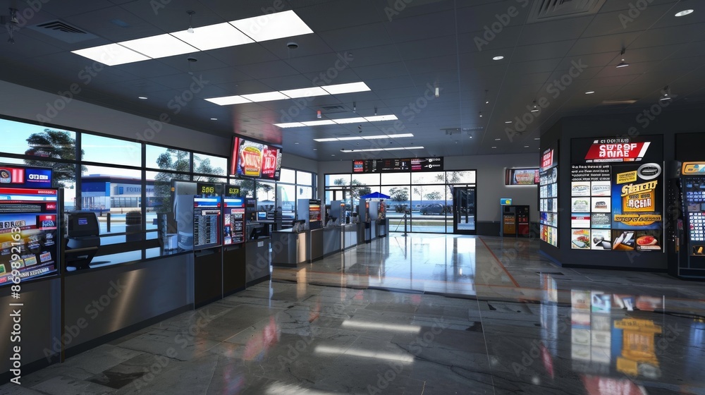 An interior shot of a movie theater concession stand with various food and drink options. The stand features a variety of digital displays, and the flooring is glossy, creating a reflective surface. An interior shot of a movie theater concession stand with various food and drink options. The stand features a variety of digital displays, and the flooring is glossy, creating a reflective surface.
