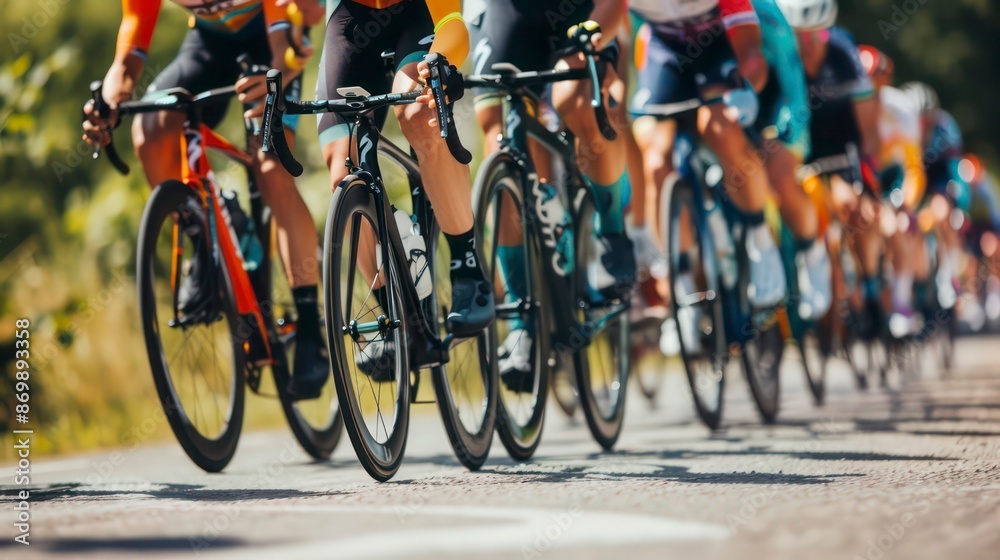 Close-Up of Professional Cyclists in Racing Gear on an Open Road Cycling Route Close-Up of Professional Cyclists in Racing Gear on an Open Road Cycling Route