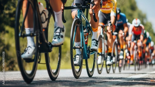 Close-Up of Professional Cyclists in Racing Gear on an Open Road Cycling Route