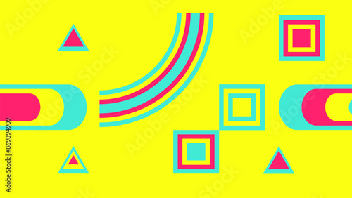 Abstract geometric seamless design. Abstract geometric pattern created in bright yellow, blue and pink colors with lines, triangles and rectangles