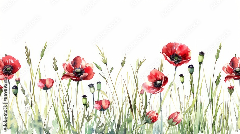 Obraz premium Watercolor tall grass and red poppys on a white background