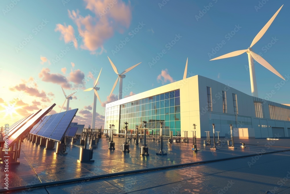 Wind turbines and solar panels at a modern facility highlighting renewable energy technology integration in a vibrant eco friendly environment under a colorful sky Wind turbines and solar panels at a modern facility highlighting renewable energy technology integration in a vibrant eco friendly environment under a colorful sky