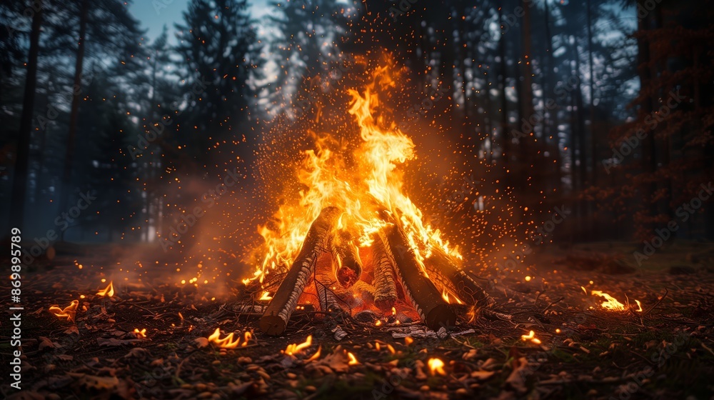 Bright Campfire Burning In A Forest At Night Bright Campfire Burning In A Forest At Night