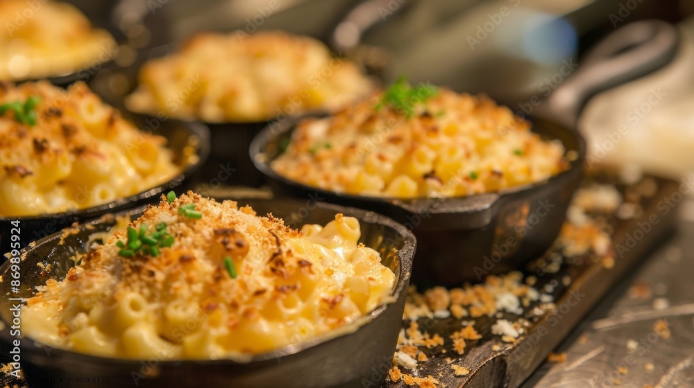 A rich and creamy mac and cheese dish is served in small castiron skillets made with local cheeses and topped with crunchy breadcrumbs. A rich and creamy mac and cheese dish is served in small castiron skillets made with local cheeses and topped with crunchy breadcrumbs.