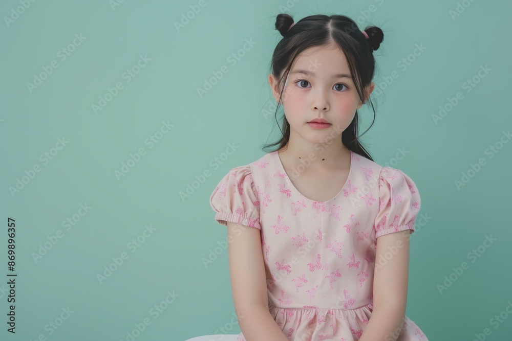 A girl with straight black hair in pigtails, wearing a pink dress A girl with straight black hair in pigtails, wearing a pink dress