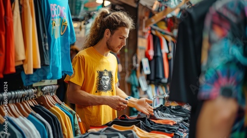 A seller at the clothing market shows the buyer T-shirts. The counter is filled with bright and colorful clothes.