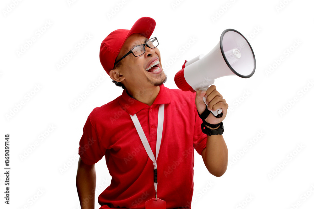 Asian delivery man or courier shouting into a megaphone, announcing a promo, special offer, discount, and great deals, isolated on a white background Asian delivery man or courier shouting into a megaphone, announcing a promo, special offer, discount, and great deals, isolated on a white background