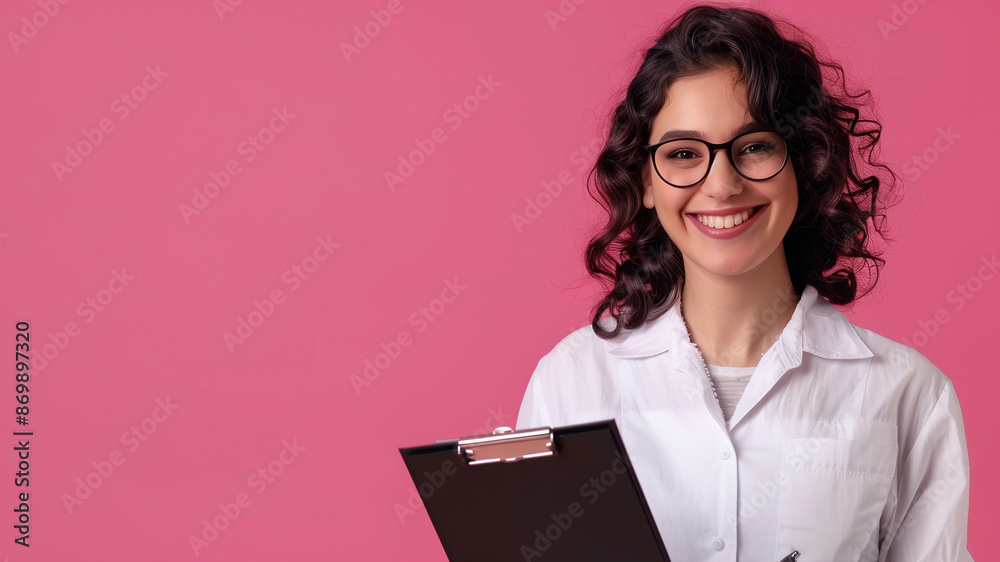 Cheerful event planner holding a clipboard, wearing glasses and a white shirt, standing against a vibrant pink background, ready for business. Cheerful event planner holding a clipboard, wearing glasses and a white shirt, standing against a vibrant pink background, ready for business.
