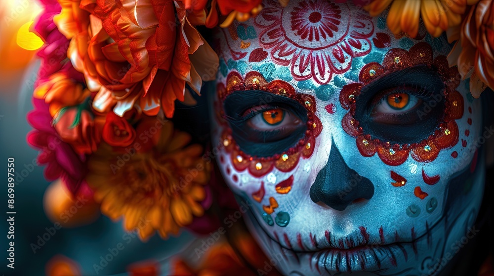 Woman with Calavera sugar skull face paint and flowers in her hair Woman with Calavera sugar skull face paint and flowers in her hair