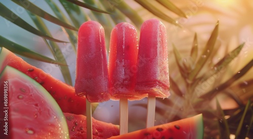 Four Watermelon Popsicles on Sticks With Green Leaves and Pink Background