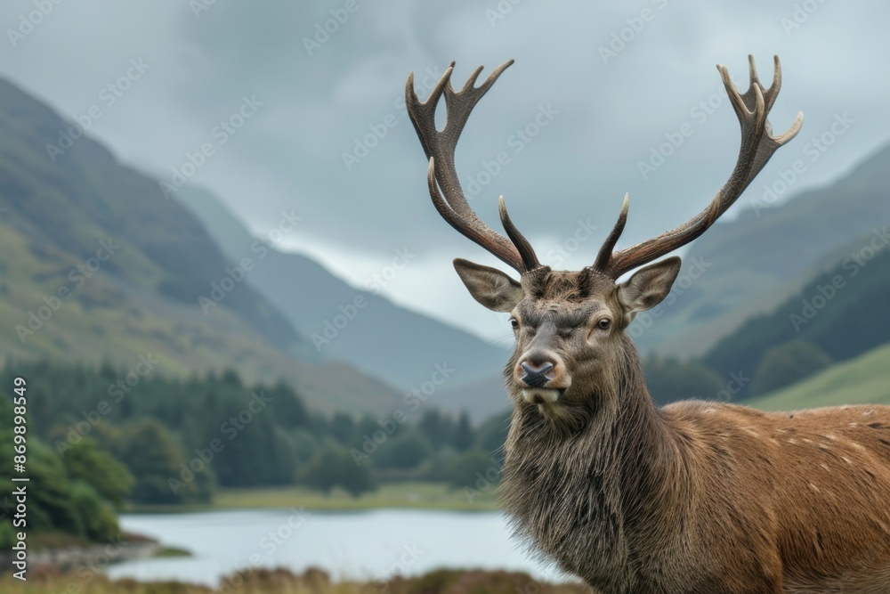 A majestic red deer with impressive antlers stands in the Scottish wildlife, surrounded by serene and rugged landscapes Generative AI A majestic red deer with impressive antlers stands in the Scottish wildlife, surrounded by serene and rugged landscapes Generative AI