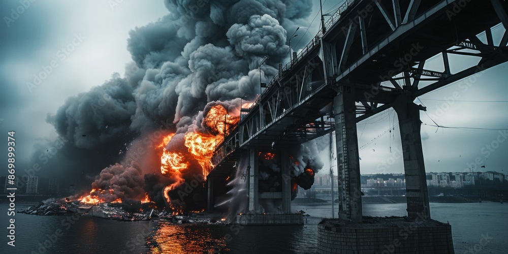 Fototapeta premium Burning Bridge with Smoke and Flames Over River. Generative ai