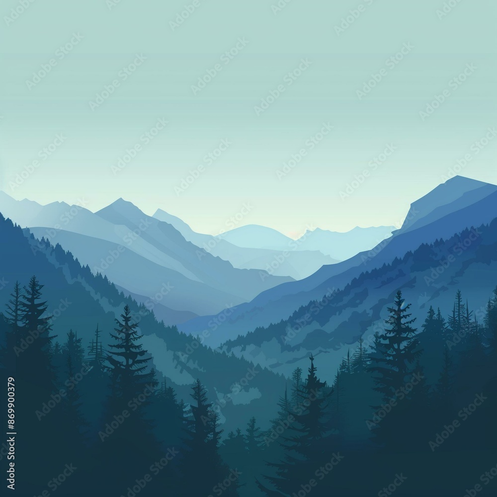 Fototapeta premium Serene Mountain Landscape Illustration of Pine Forests and Misty Valleys