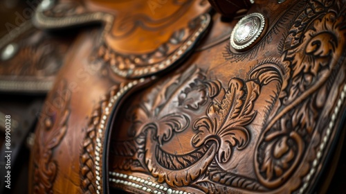A closeup of the saddles cantle displaying the precise stitching and ornate design of the leather accents.
