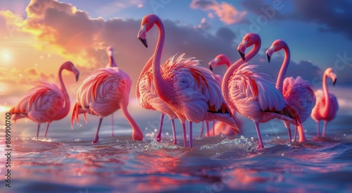 Three Pink Flamingos Feeding in a Calm Lake at Sunset