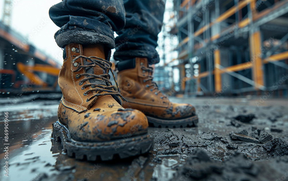 A close-up shot of a construction workers boots covered in mud, standing on a wet and muddy construction site A close-up shot of a construction workers boots covered in mud, standing on a wet and muddy construction site