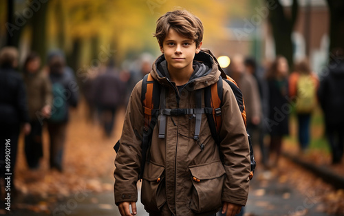 A young boy walks to school on a fall day, wearing a brown jacket and carrying a backpack. The leaves on the ground are a vibrant yellow and orange