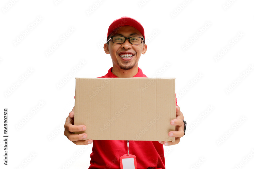 Happy Asian delivery man or courier is holding a cardboard box package parcel, smiling at the camera. Isolated on a white background, Concept of satisfaction and efficiency in delivery services Happy Asian delivery man or courier is holding a cardboard box package parcel, smiling at the camera. Isolated on a white background, Concept of satisfaction and efficiency in delivery services