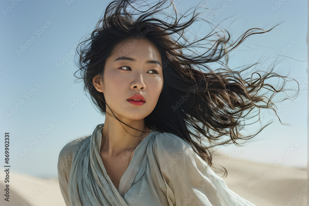 A woman with long hair is standing in a desert A woman with long hair is standing in a desert
