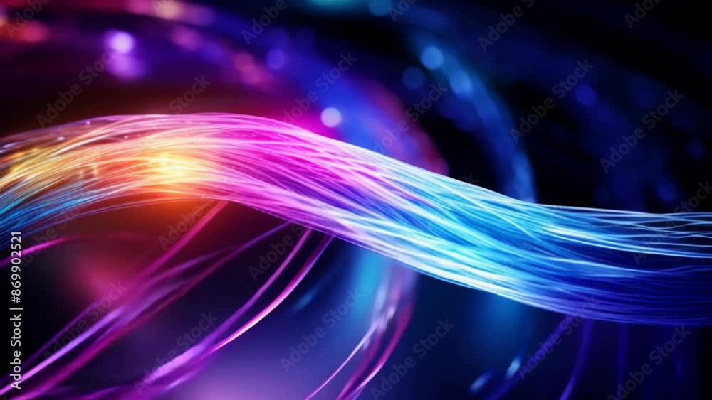 Colorful glowing optic fiber electrical cables wires neon lines abstract 3d ai design background pattern glow colored streams information optical connection internet web multicolor data led technology