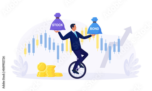 Businessman balancing as acrobat on wheel, choosing between stocks and bonds. Diversify portfolio investments. Passive invest wealth accumulate. Balanced investment strategy. Finance asset allocation