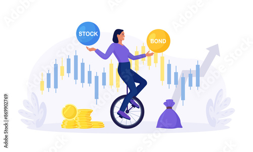 Woman balancing as acrobat on wheel, choosing between stocks and bonds. Diversify portfolio investments. Passive invest wealth accumulate. Balanced investment strategy. Finance asset allocation