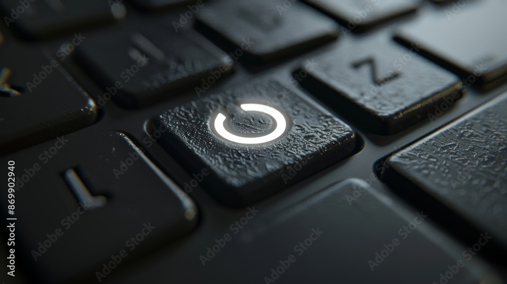 A closeup of a wireless keyboards power button featuring a minimalist design and illuminated by a faint white light. A closeup of a wireless keyboards power button featuring a minimalist design and illuminated by a faint white light.
