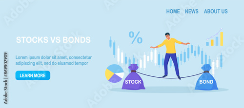 Businessman keep calm balancing on rope, choosing between stocks and bonds. Diversify portfolio investments. Passive invest wealth accumulate. Balanced investment strategy. Finance asset allocation