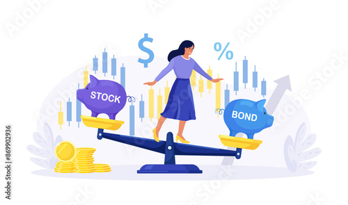 Woman keep calm balancing on scales, choosing between stocks and bonds. Diversify portfolio investments. Passive invest wealth accumulate. Balanced investment strategy. Finance asset allocation