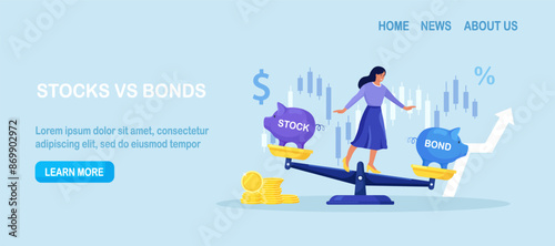 Woman keep calm balancing on scales, choosing between stocks and bonds. Diversify portfolio investments. Passive invest wealth accumulate. Balanced investment strategy. Finance asset allocation