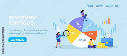 Exchange traded fund, bond, stock, gold. Businessman reviewing diversified investment portfolio. Wealth management, asset allocation. Money question, financial planning. Stock market trading strategy