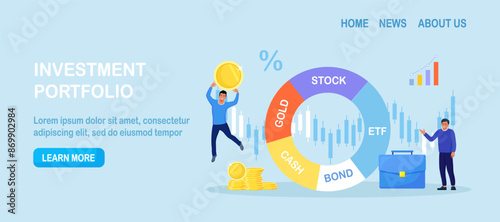 Exchange traded fund, bond, stock, gold. Businessman reviewing diversified investment portfolio. Wealth management, asset allocation. Money question, financial planning. Stock market trading strategy