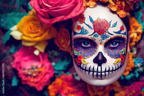 Day of the dead calavera - woman wearing sugar skull face paint and floral hair