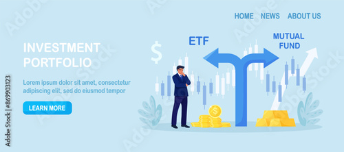 ETF. Exchange traded fund. Index fund or mutual fund. Businessman investor choosing between investing products. Diversified investment portfolio, wealth management and asset allocation. Money question