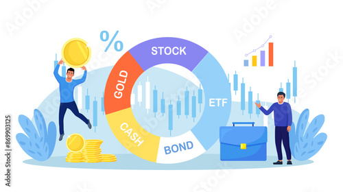 Exchange traded fund, bond, stock, gold. Businessman reviewing diversified investment portfolio. Wealth management, asset allocation. Money question, financial planning. Stock market trading strategy