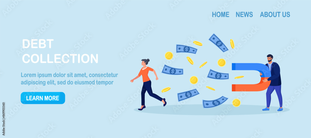 Debt сollection. Tax collector with magnet attracting money from character. Money loss, financial debts. Economic crisis. Financial loan demand from borrower. Businessman takes money from debtor Debt сollection. Tax collector with magnet attracting money from character. Money loss, financial debts. Economic crisis. Financial loan demand from borrower. Businessman takes money from debtor