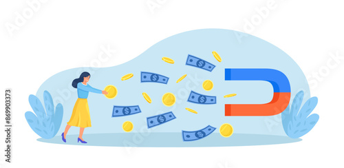 Debt сollection. Magnet attracting money from female character. Money loss, financial debts. Economic crisis. Financial loan demand from borrower. Business woman takes money from the debtor