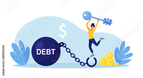 Happy woman with big key. Reduce debt burden. Female borrower opened shackles and got rid of debt. Financial freedom, money management. Loan restructuring. Character freed from monetary obligations