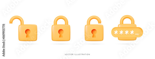 3D Closed and open yellow padlock icon set. Data protection and security concept. Lock with pin code and password. Privacy and encryption. Cartoon creative design icons. 3D Vector illustration