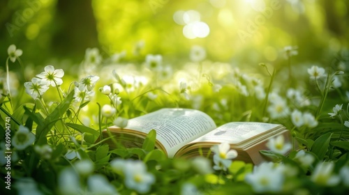 an open book lying on the grass surrounded by beautiful white flowers photo