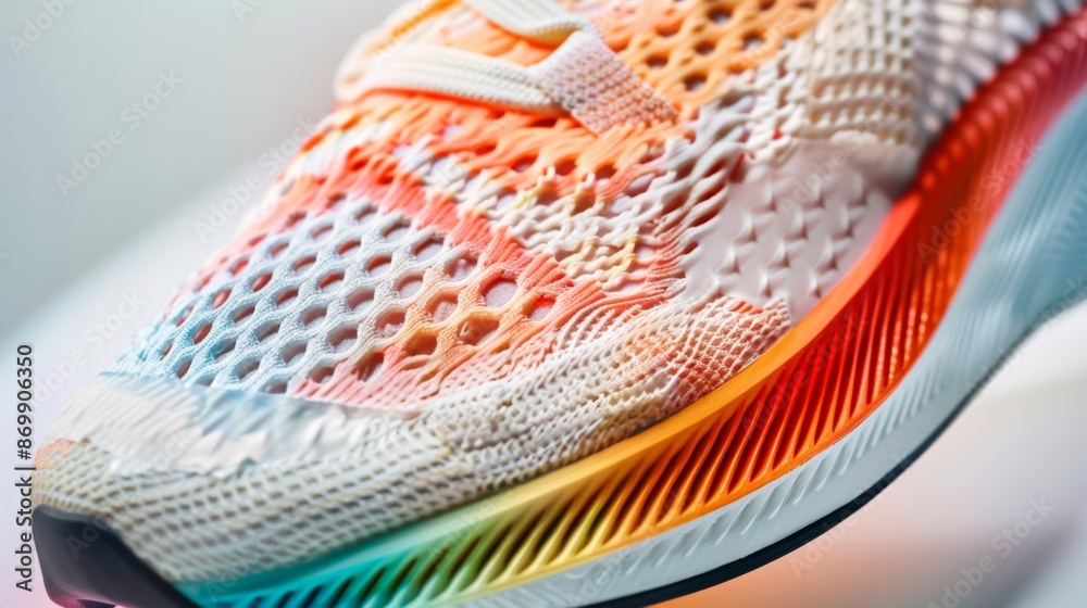 A closeup of the side of the running shoe showcases its unique design. The upper part is made of a breathable mesh material while the midsole features a gradient of colors indicating A closeup of the side of the running shoe showcases its unique design. The upper part is made of a breathable mesh material while the midsole features a gradient of colors indicating