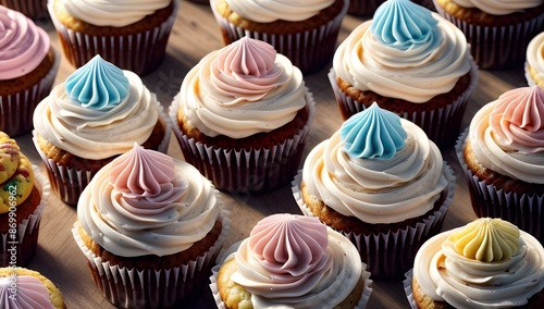 An elegant presentation of eight vanilla cupcakes topped with swirls of creamy white frosting