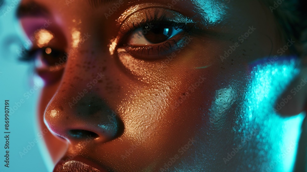 Close-Up Shot of a Shiny Face with Freckles in Neon Light Close-Up Shot of a Shiny Face with Freckles in Neon Light