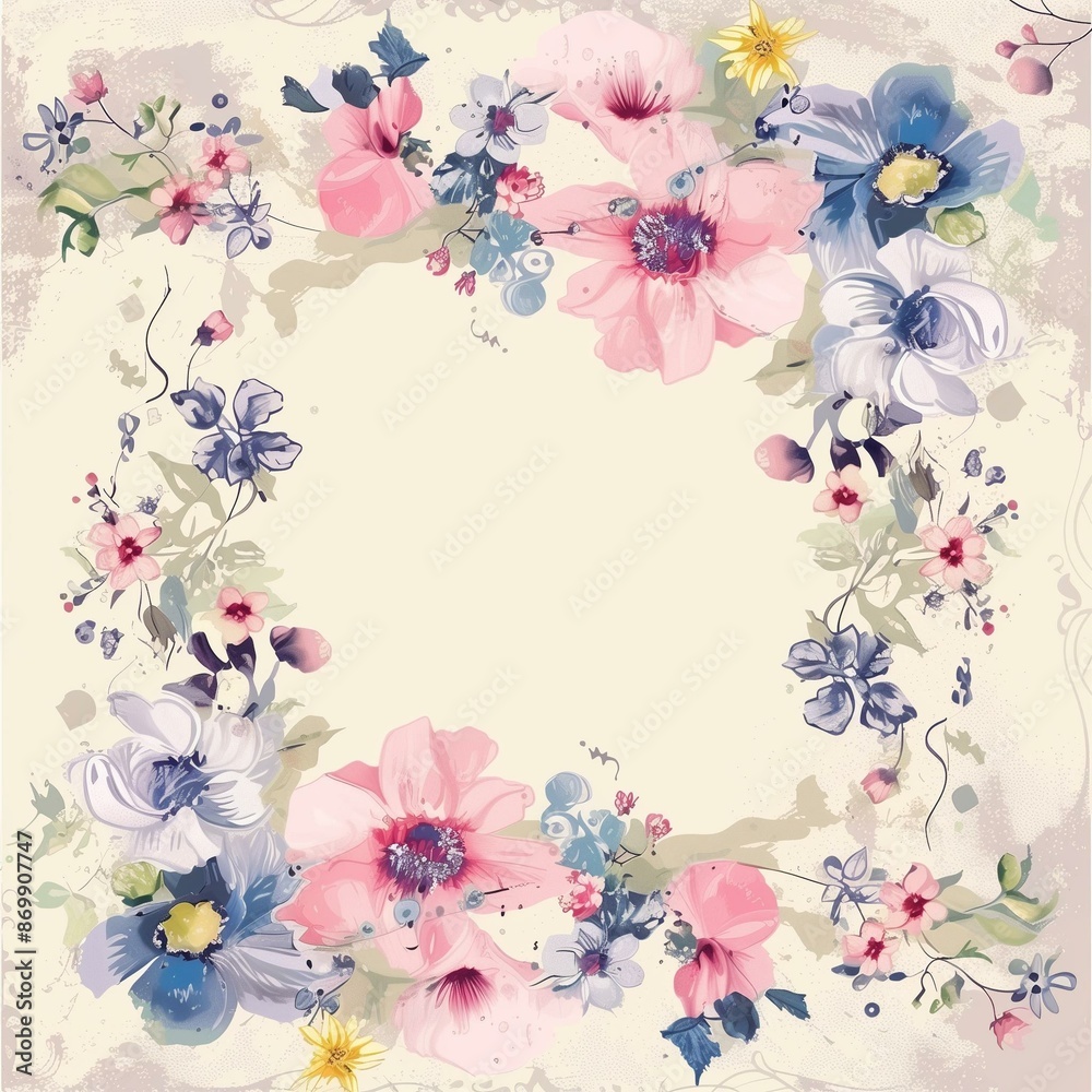 Fototapeta premium Elegant Floral Frame with Pastel Flowers - Delicate Watercolor Illustration