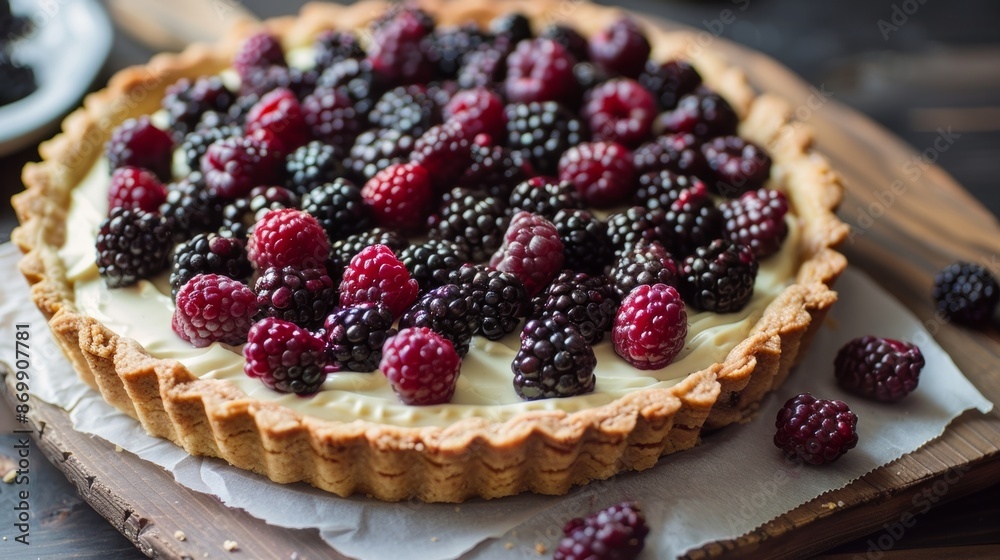 An intricate tart filled with wild black raspberries and a layer of creamy tangy goat cheese.
