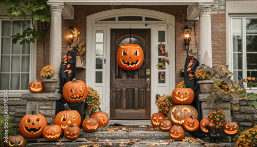 A variety of pumpkins decorate the porch of a house, creating a festive Halloween atmosphere