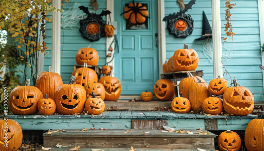 Obraz premium A variety of pumpkins decorate the porch of a house, creating a festive Halloween atmosphere