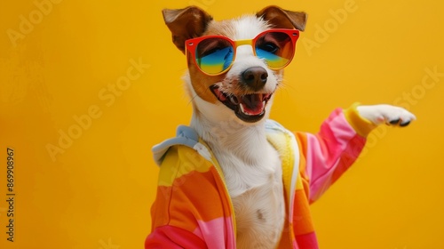 Dog wearing colorful clothes and sunglasses dancing on yellow background © Ace64 Studio